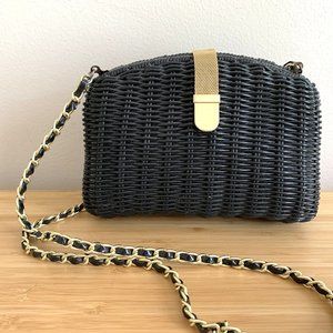 Vintage Black Wicker Small Shoulder Bag Crossbody Bag Gold Accents